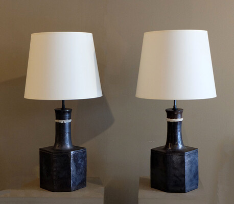 rare black hexagonal Bruno Gambone pair of lamps
