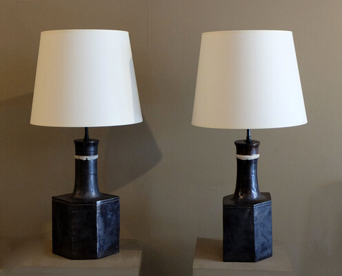 rare black hexagonal Bruno Gambone pair of lamps