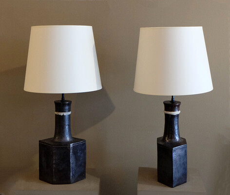 rare black hexagonal Bruno Gambone pair of lamps