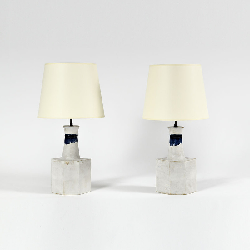 white ceramic table lamps Bruno Gambone pair blue strip